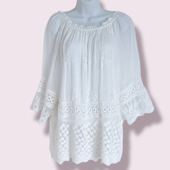 M italian white lace chroshet boho blouse drop shoulder small @F1 - Picture 1 of 11